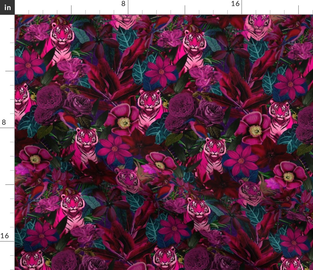 Fancy Jungle Opulence With Tigers Pink Teal And Navy Smaller Scale