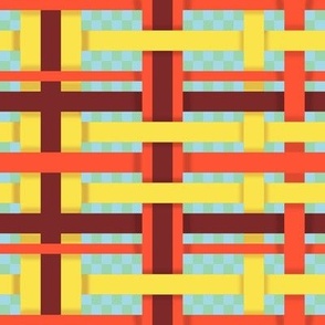 SNRS2 - Vibrantly Vivid Open Weave Plaid in Red and Yellow on Pastel Blue and Green Checks - 8 inch fabric repeat - 6 inch wallpaper repeat