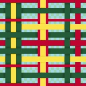 SNRS1 -  Maximalist Vibrantly Vivid Open Weave Plaid  in Red - Green - Yellow on Pastel Blue and Green Checks - 8 inch fabric repeat -  6 inch wallpaper repeat