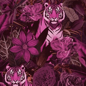 Fancy Jungle Opulence With Tigers Monochrome Pink Large Scale