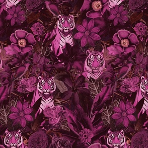 Fancy Jungle Opulence With Tigers Monochrome Pink Smaller Scale