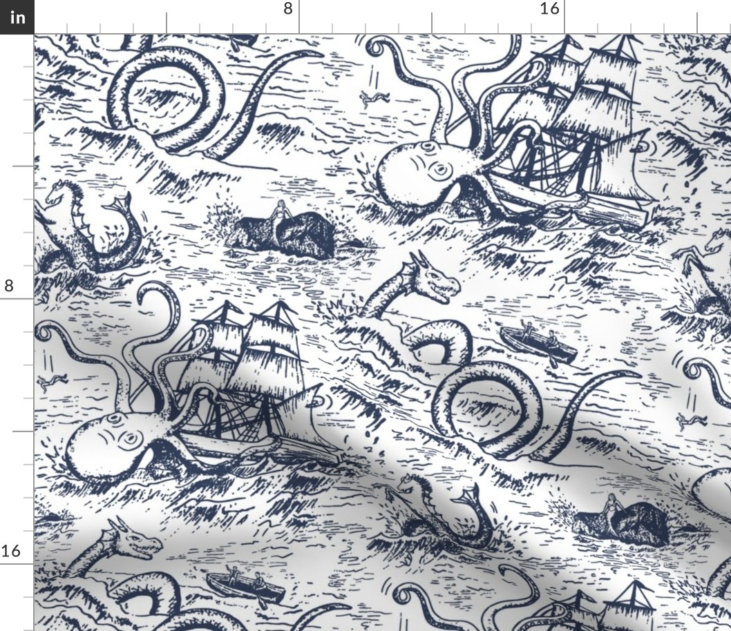 Large-Scale Mythical Sea Creatures Toile de Jouy in Blue and White