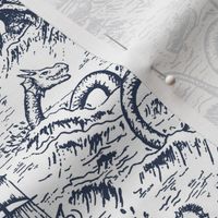 Small-Scale Mythical Sea Creatures Toile de Jouy in Blue and White