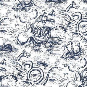 Small-Scale Mythical Sea Creatures Toile de Jouy in Blue and White