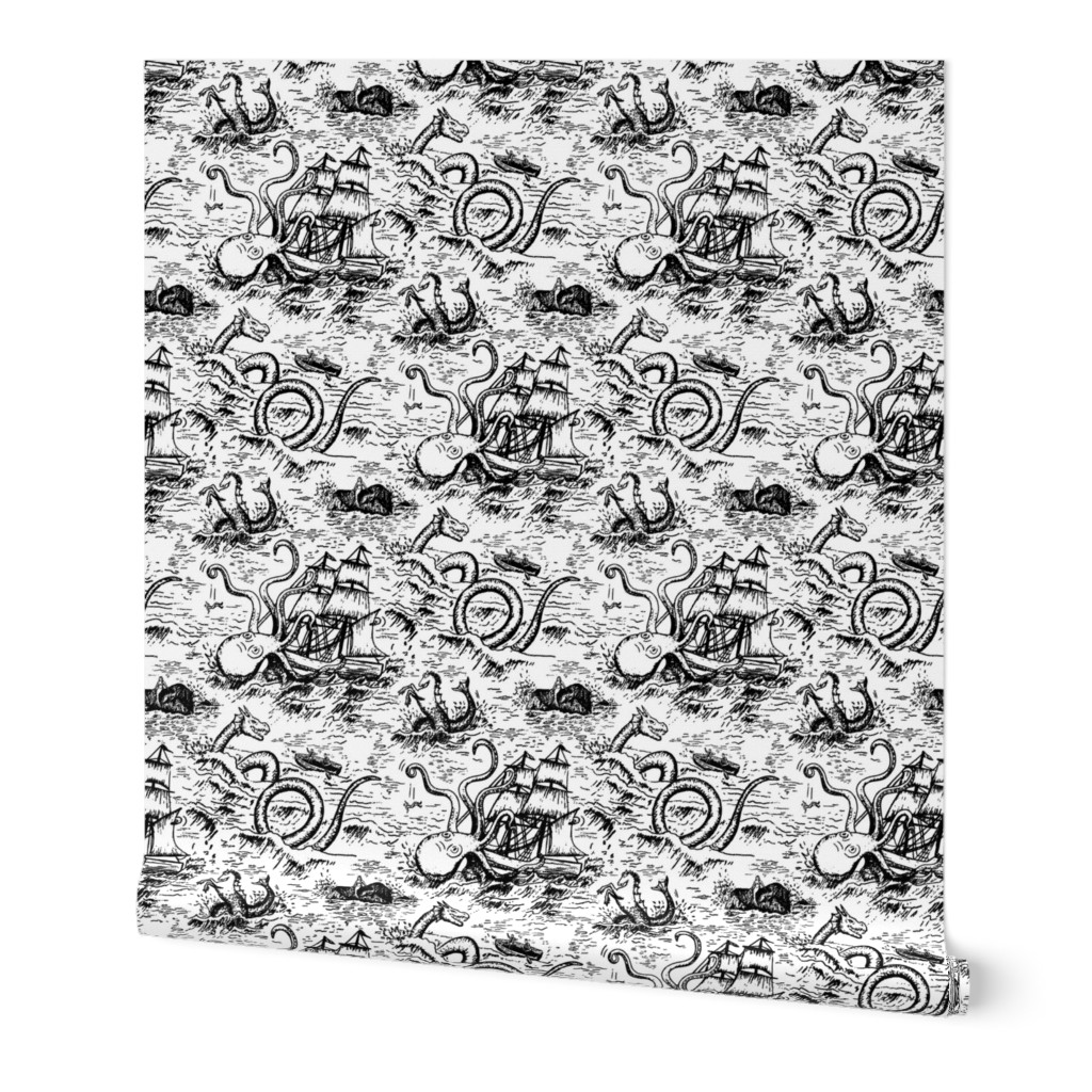 Small-Scale Mythical Sea Creatures Toile de Jouy in Black and White