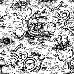 Small-Scale Mythical Sea Creatures Toile de Jouy in Black and White
