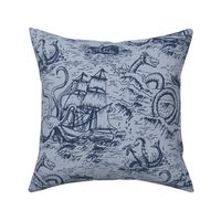 Large-Scale Mythical Sea Creatures Toile de Jouy in Blue/Blue