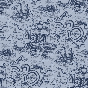 Large-Scale Mythical Sea Creatures Toile de Jouy in Blue/Blue