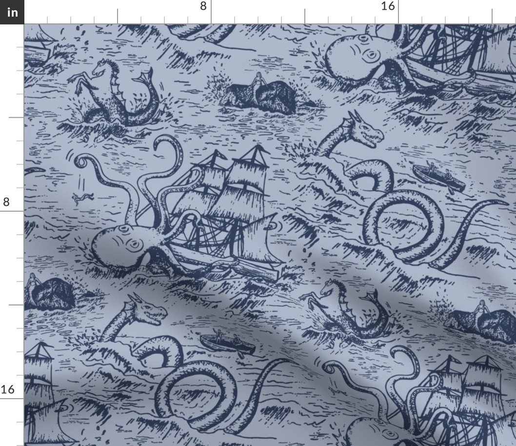 Large-Scale Mythical Sea Creatures Toile de Jouy in Blue/Blue