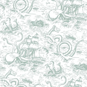 Large-Scale Muted Blue-Green Mythical Sea Creatures Toile de Jouy