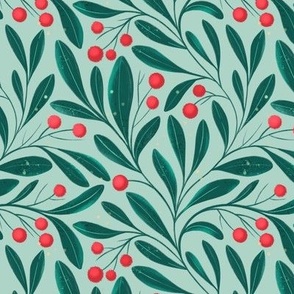 Medium | Christmas greenery, crimson red berries and green leaves on mint green