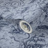 Small-Scale Mythical Sea Creatures Toile de Jouy in Blue/Blue