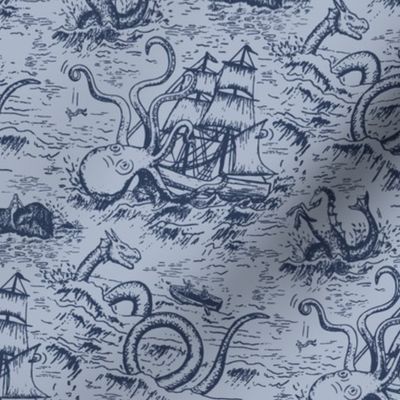 Small-Scale Mythical Sea Creatures Toile de Jouy in Blue/Blue