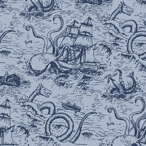 Small-Scale Mythical Sea Creatures Toile de Jouy in Blue/Blue
