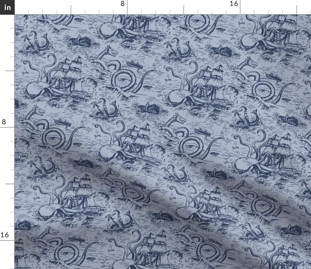 Small-Scale Mythical Sea Creatures Toile de Jouy in Blue/Blue