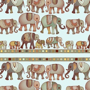 Marching Elephants In A Brown And Green Tone (Medium)