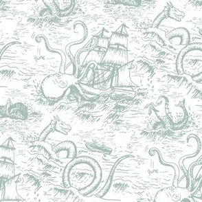 Small-Scale Muted Blue-Green Mythical Sea Creatures Toile de Jouy