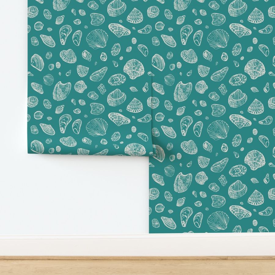 Cream hand painted shells on teal, coastal, large