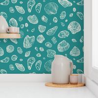 Cream hand painted shells on teal, coastal, large