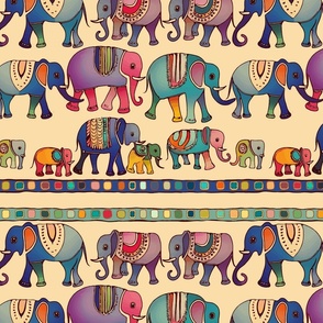 Marching Elephants In Bright Colours (Medium)