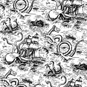 Large-Scale Mythical Sea Creatures Toile de Jouy in Black and White