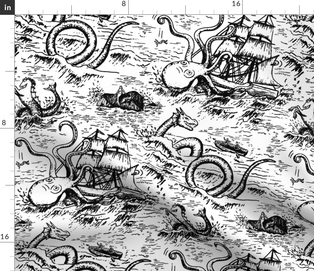 Large-Scale Mythical Sea Creatures Toile de Jouy in Black and White
