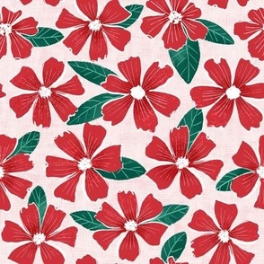 Bright crimson red flowers on pink, medium scale