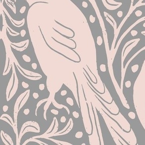 Birds in the Bush in Light Gray  | Medium Version | Bohemian Style Pattern with Woodland Animals