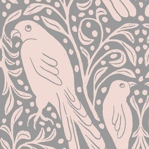 Birds in the Bush in Light Gray  | Small Version | Bohemian Style Pattern with Woodland Animals