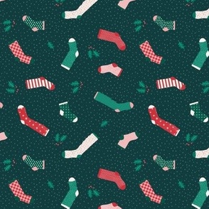 Christmas stockings, red, green,white socks on dark green, small scale