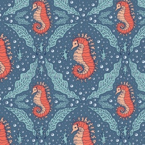 Seahorse, Algae, Corals and Bulbs - Under the Sea - Coastal Chic Collection - Coral and Blue - Admiral Blue BG
