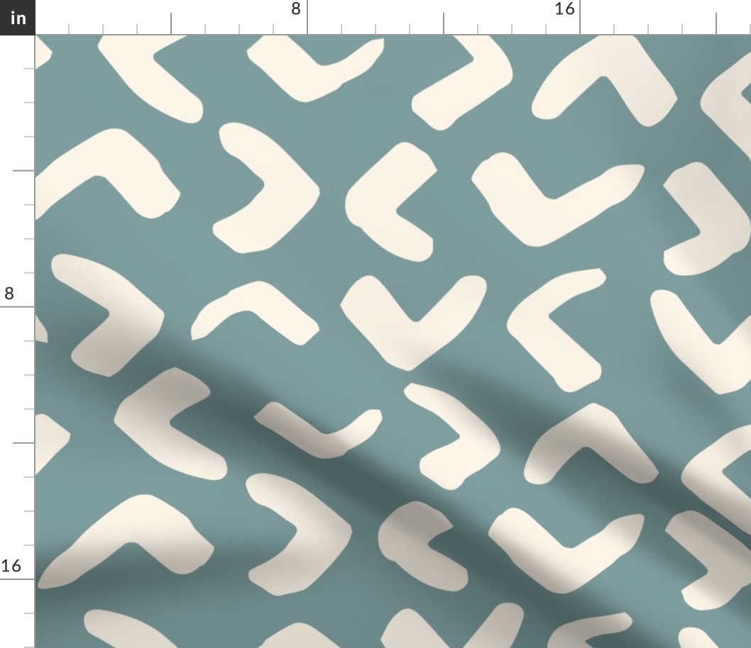 Cream hand painted abstract chevrons, on teal