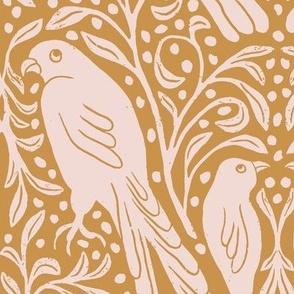 Birds in the Bush in Mustard  | Small Version | Bohemian Style Pattern with Woodland Animals 