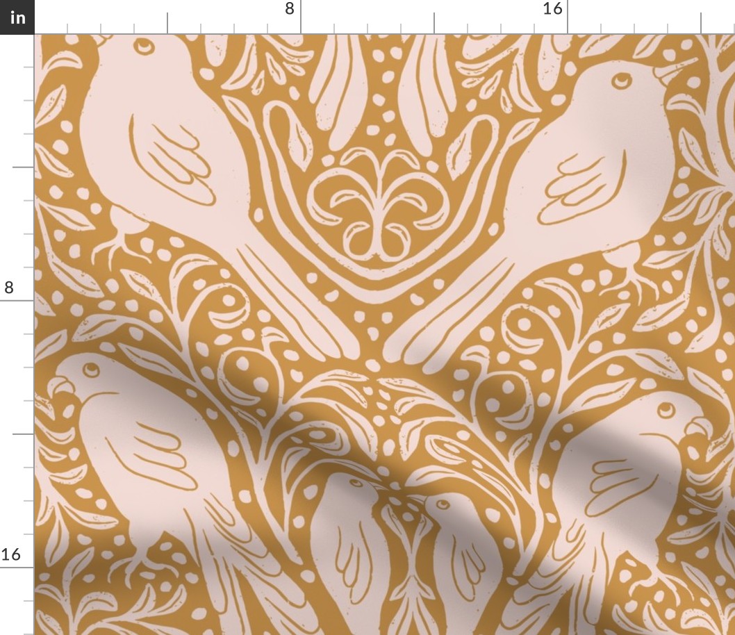 Birds in the Bush in Mustard  | Medium Version | Bohemian Style Pattern with Woodland Animals 