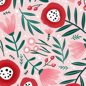 Bright Floral design with green leaves, red and pink flowers, large scale