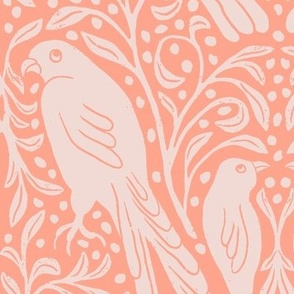 Birds in the Bush in Pink  | Small Version | Bohemian Style Pattern with Woodland Animals on a Soft Pink