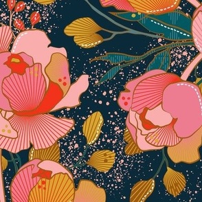 Magical peony Chintz / blue background / L / WITHOUT BUTTERFLIES