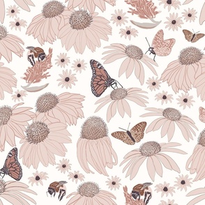 Bohemian Floral with Wildflowers, Bees, Butterflies, and Moths in  Pink Earth Tones