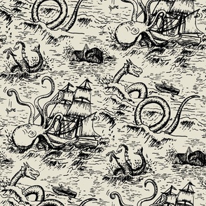 Large-Scale Mythical Sea Creatures Toile de Jouy in Black