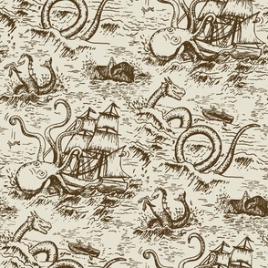 Large-Scale Mythical Sea Creatures Toile de Jouy in Brown