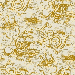 Large-Scale Mythical Sea Creatures Toile de Jouy in Gold