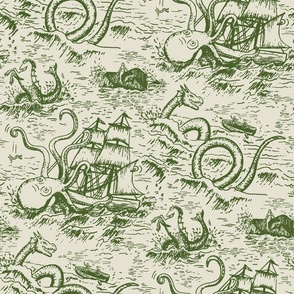 Large-Scale Mythical Sea Creatures Toile de Jouy in Green