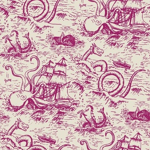 Large-Scale Mythical Sea Creatures Toile de Jouy in Magenta