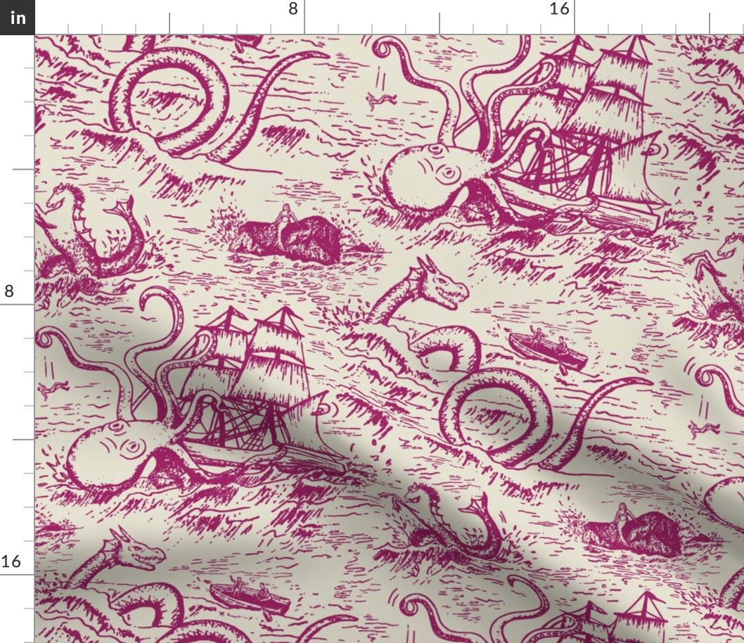 Large-Scale Mythical Sea Creatures Toile de Jouy in Magenta