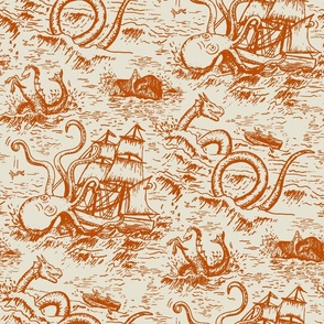 Large-Scale Mythical Sea Creatures Toile de Jouy in Orange