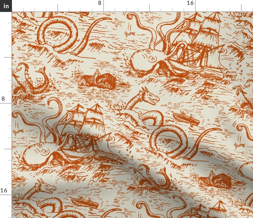 Large-Scale Mythical Sea Creatures Toile de Jouy in Orange