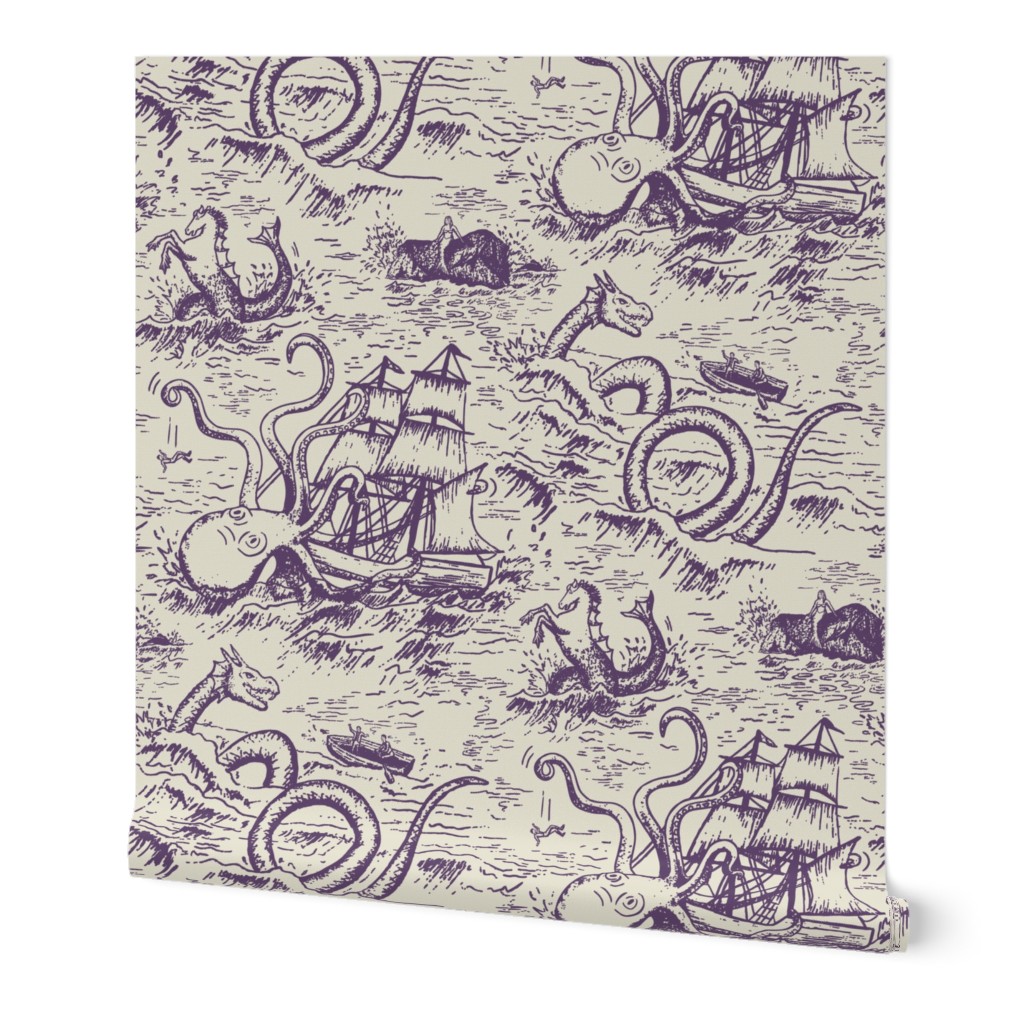 Large-Scale Mythical Sea Creatures Toile de Jouy in Purple