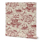 Large-Scale Mythical Sea Creatures Toile de Jouy in Red