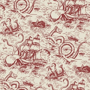 Large-Scale Mythical Sea Creatures Toile de Jouy in Red