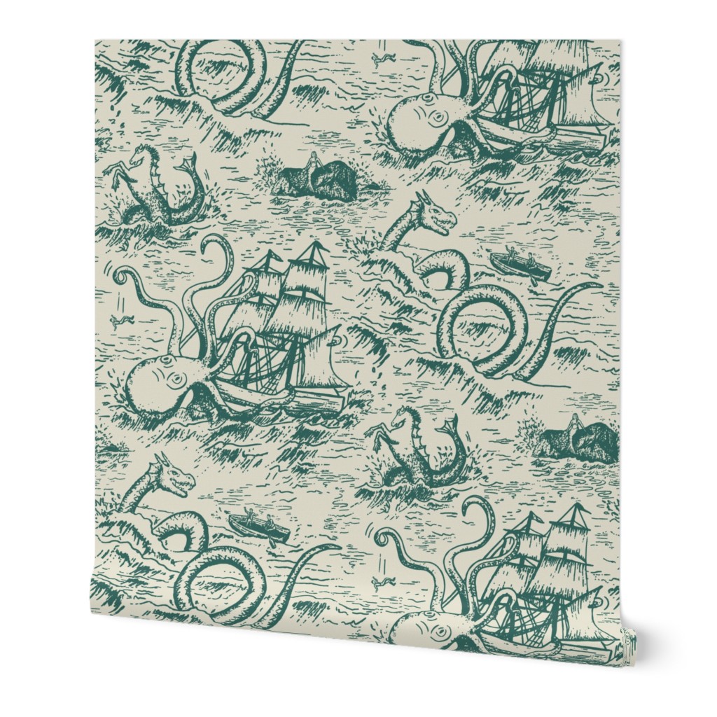 Large-Scale Mythical Sea Creatures Toile de Jouy in Teal